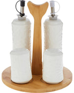 طقم أوعية خزفية من شالو، مكون من 4 قطع، مع حامل من الخيزران - موزعات ملح وفلفل وزيت وخل، 17×17×19 سم