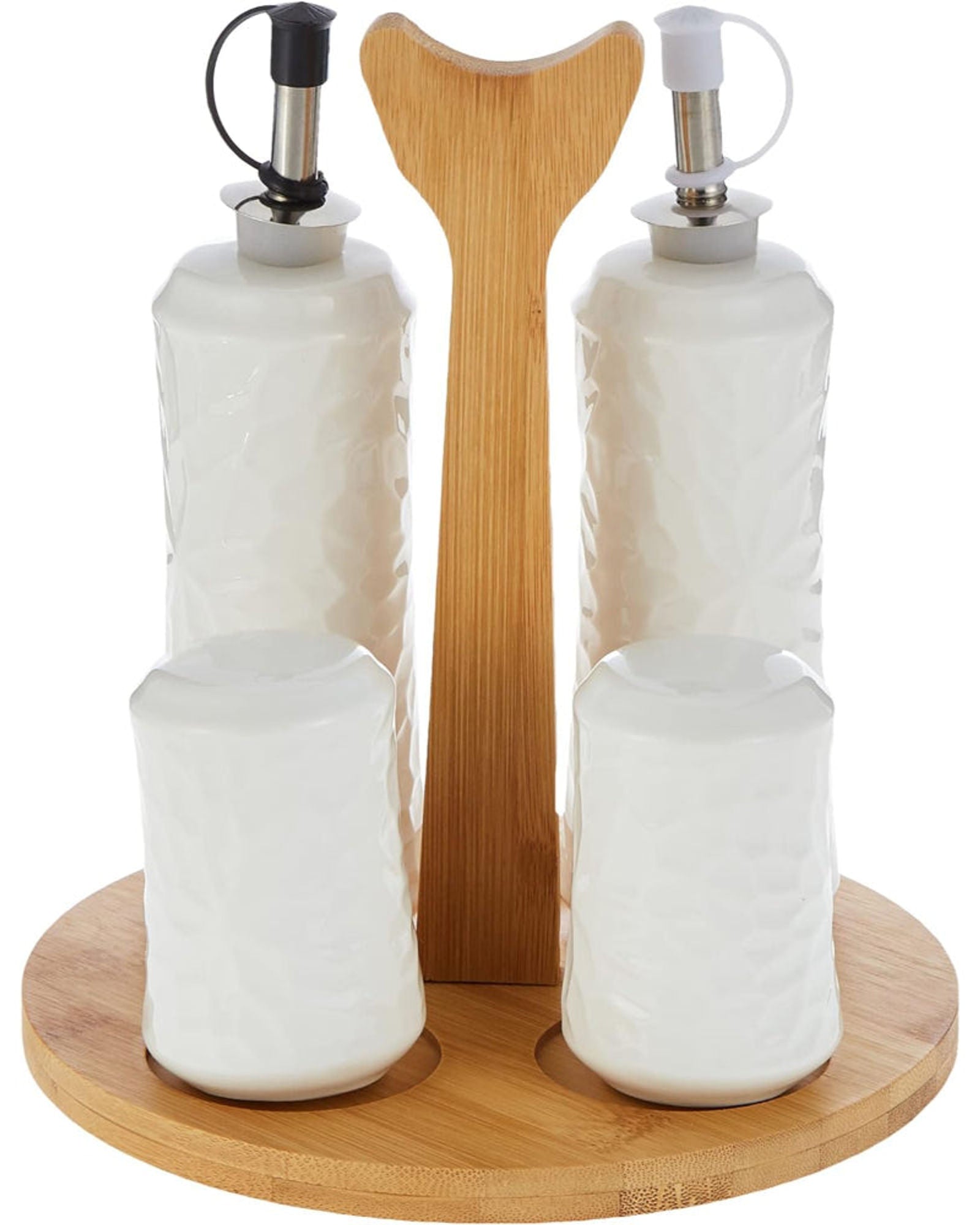 طقم أوعية خزفية من شالو، مكون من 4 قطع، مع حامل من الخيزران - موزعات ملح وفلفل وزيت وخل، 17×17×19 سم