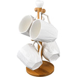 Shallow Mug Tree with 4 Mugs (300ml) & Bamboo Stand - Elegant Mug Holder for Kitchen or Dining Room