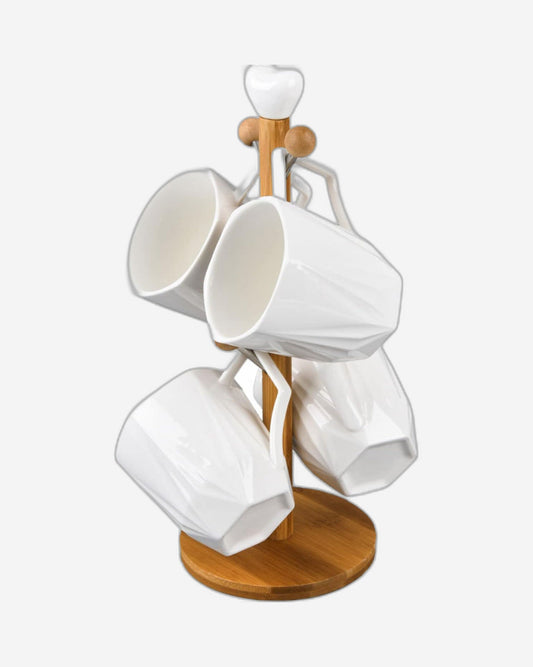 شجرة أكواب ضحلة مع 4 أكواب (300 مل) وحامل من الخيزران - حامل أكواب أنيق للمطبخ أو غرفة الطعام