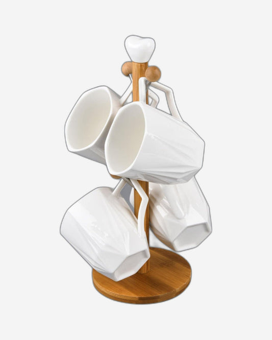 شجرة أكواب ضحلة مع 4 أكواب (300 مل) وحامل من الخيزران - حامل أكواب أنيق للمطبخ أو غرفة الطعام