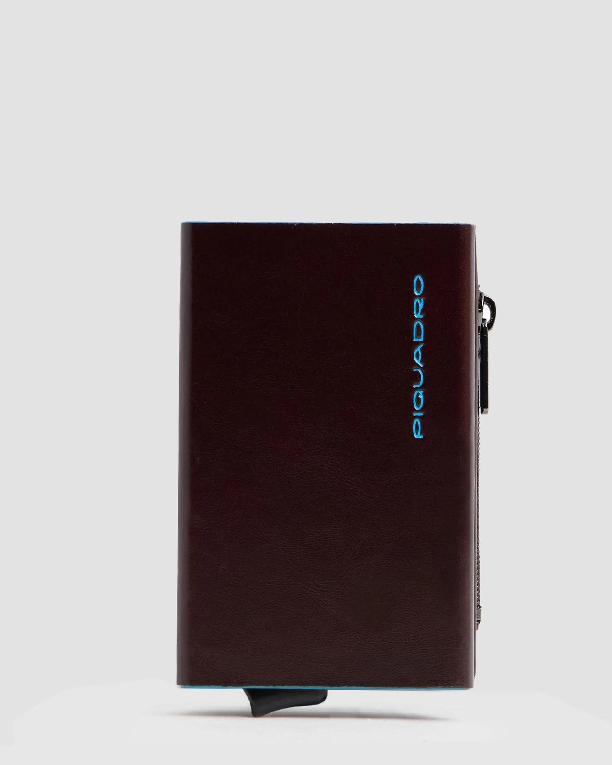 BLUE SQUARE COMPACT WALLET WITH POP-UP CARD HOLDER ZIPPED MONEY POCKET AND RFID PROTECTION MOHOGANY