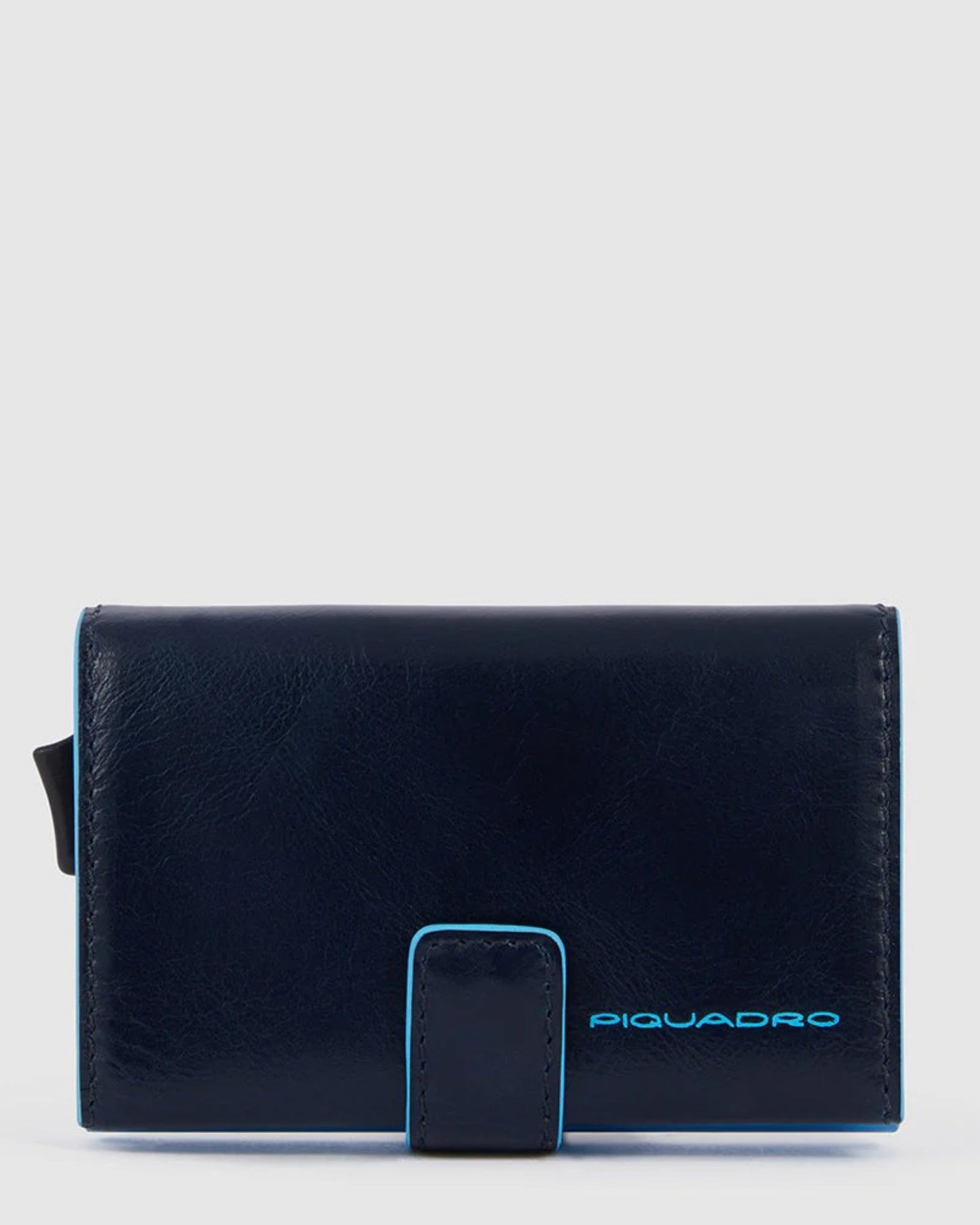 BLUE SQUARE POP-UP CARD HOLDER IN METAL AND LEATHER WITH RFID PROTECTION BLUE