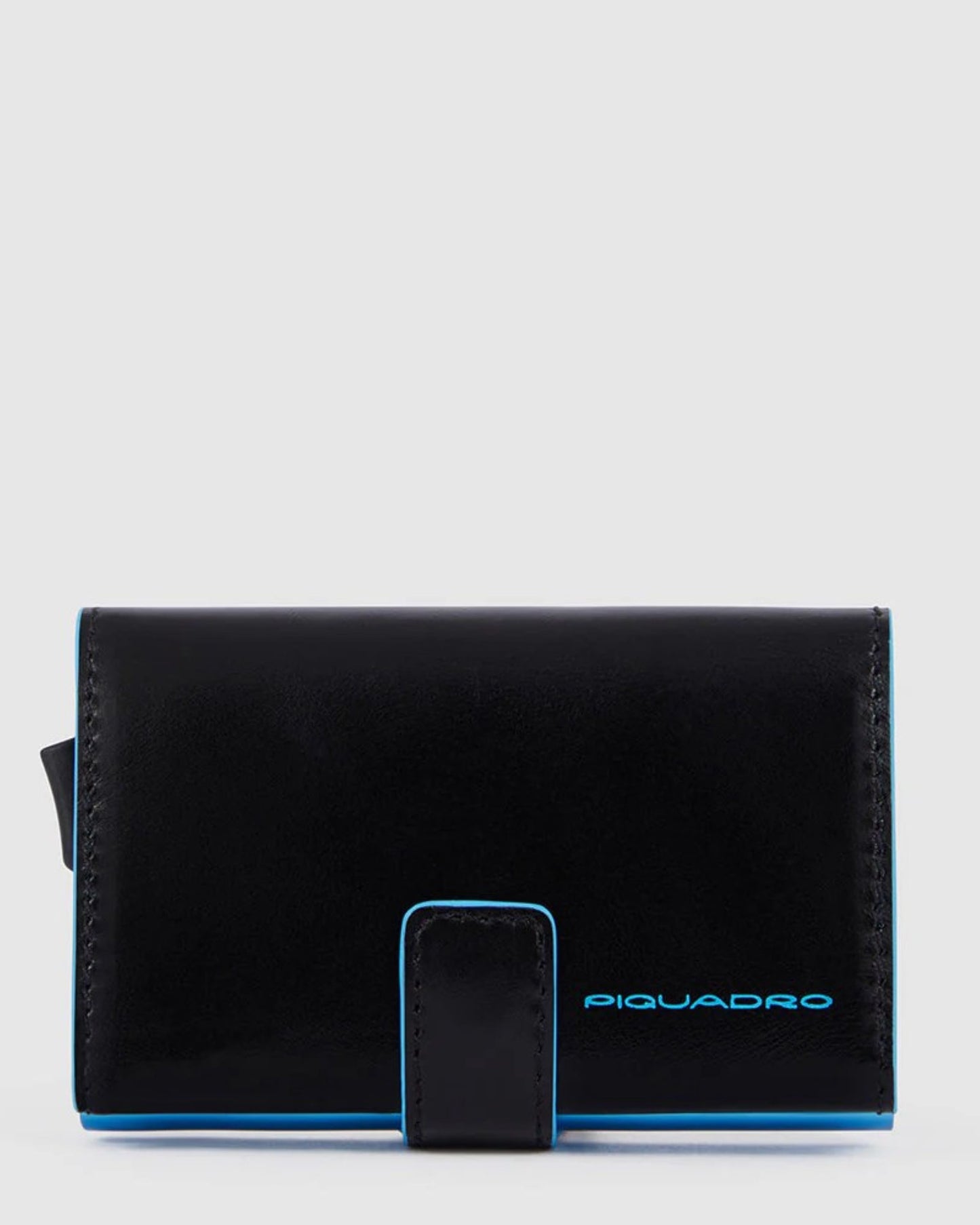 BLUE SQUARE POP-UP CARD HOLDER IN METAL AND LEATHER WITH RFID PROTECTION BLACK
