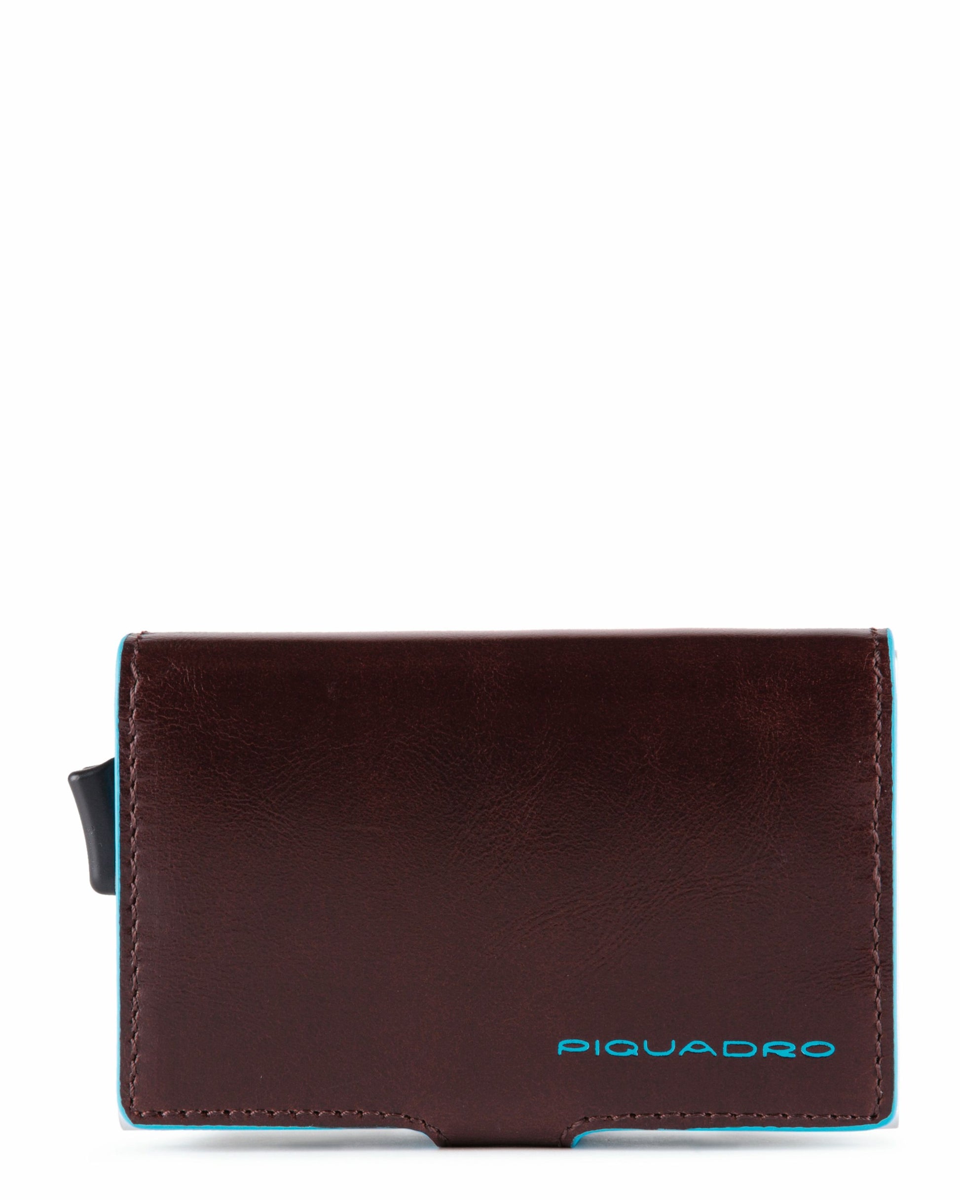 Piquadro Blue Square Credit Card Holder Case In Metal With Rfid Anti-Fraud Protection