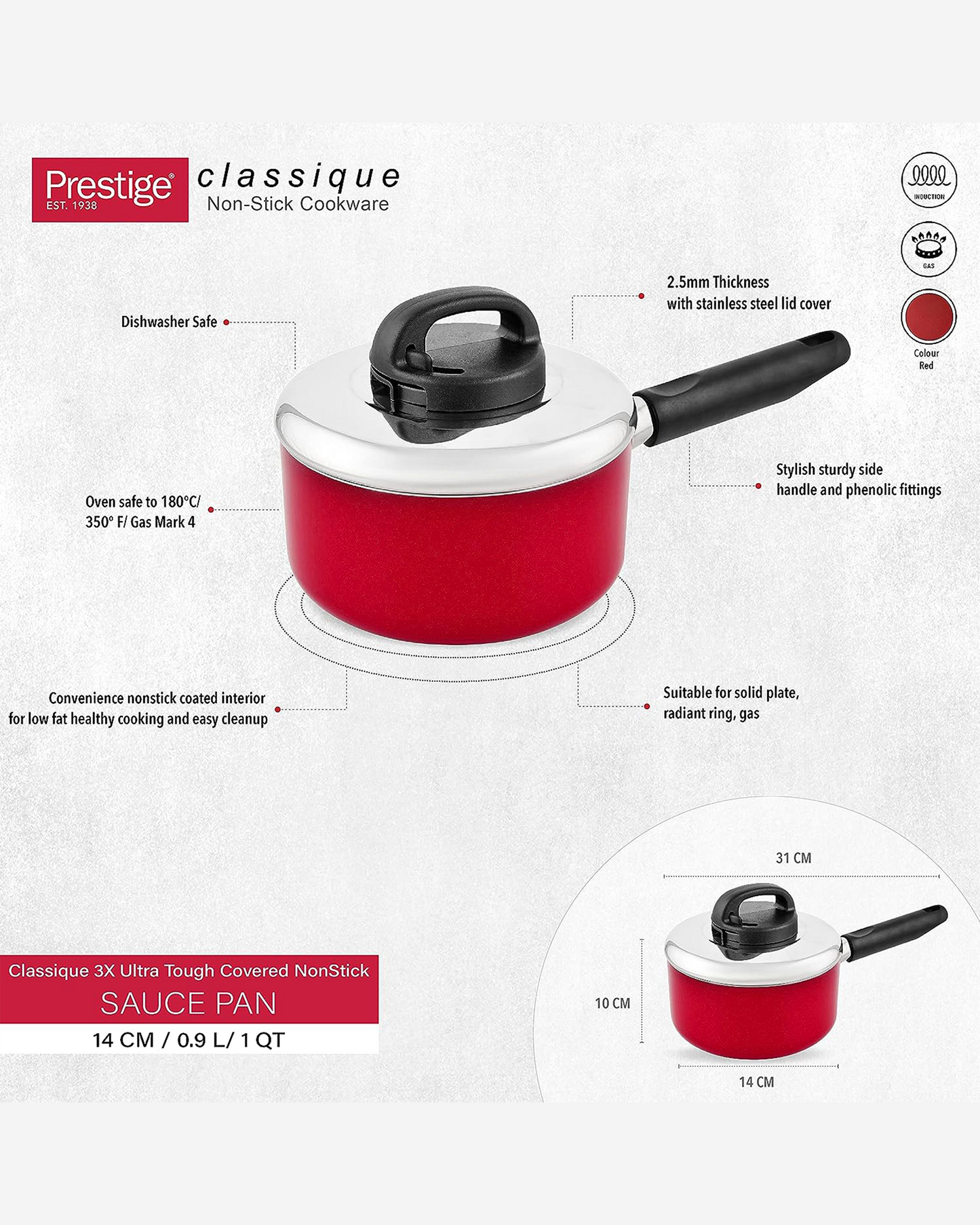 Prestige Classique Sauce Pan 20cm Non-Stick Red SS Lid