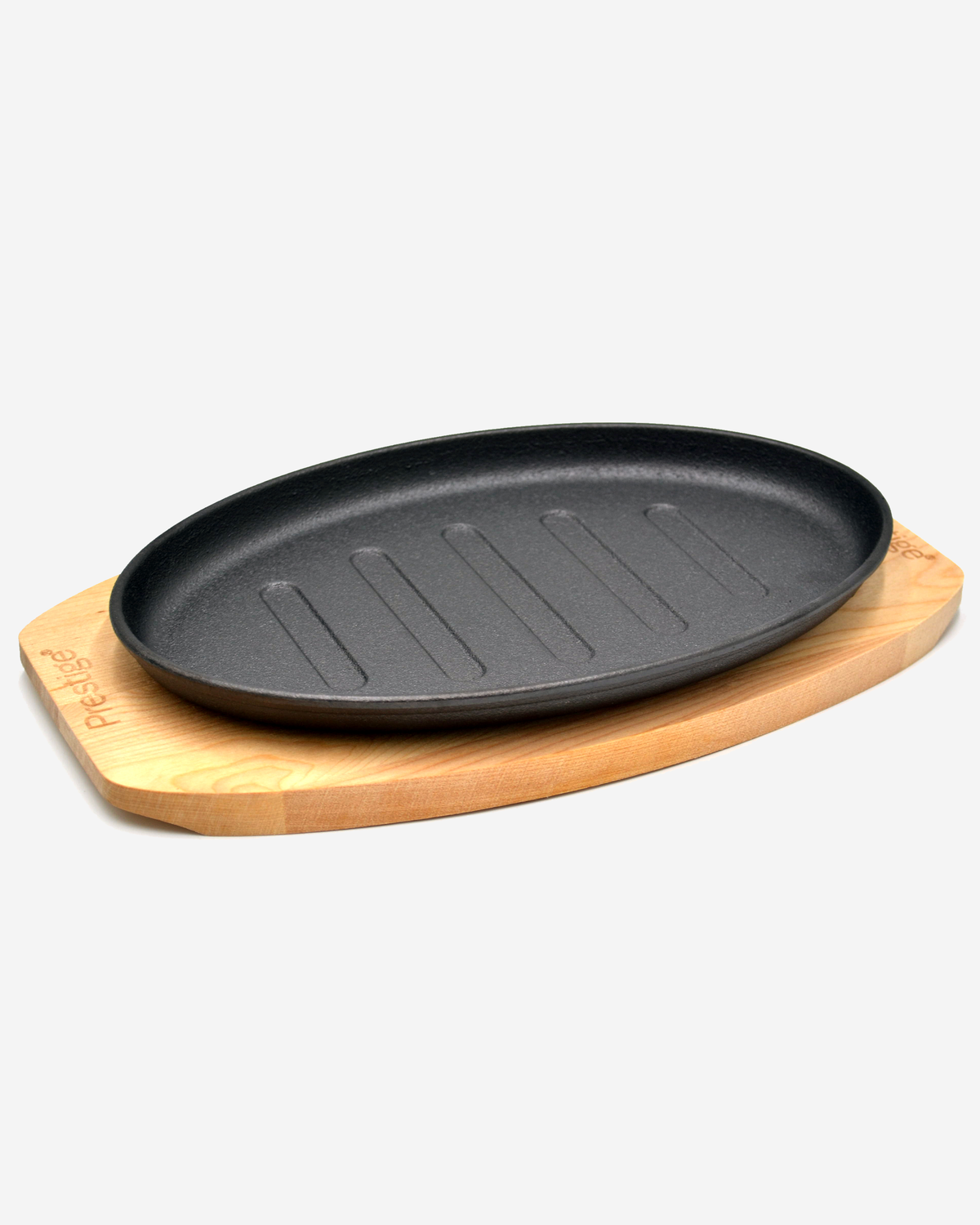 Prestige Cast Iron Sizzler Pan 26cm Pre-Seasoned Black Wooden Base