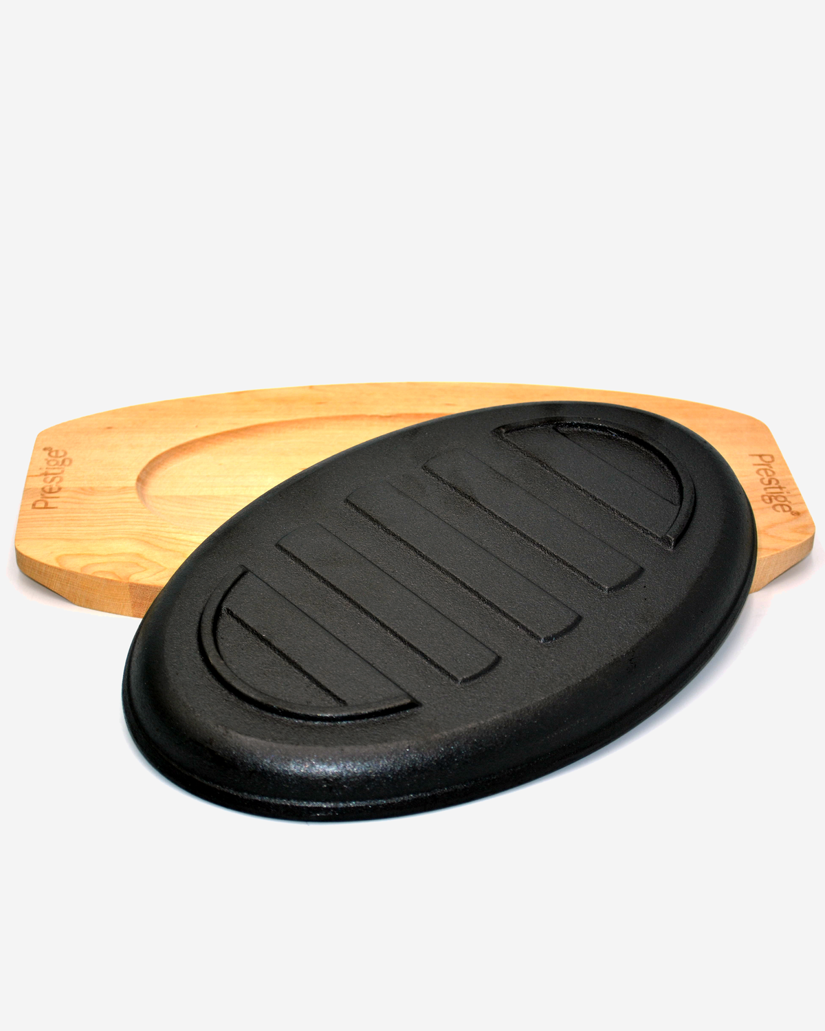 Prestige Cast Iron Sizzler Pan 26cm Pre-Seasoned Black Wooden Base