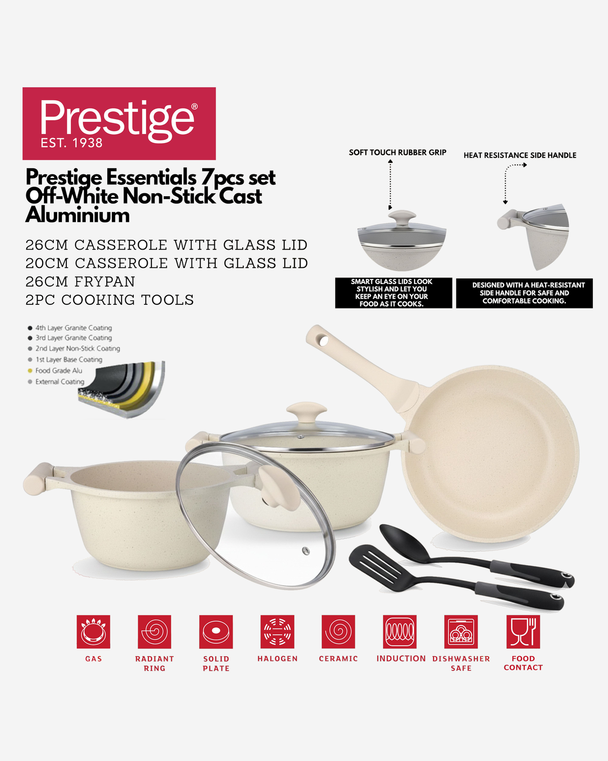 Prestige Essentials Cookware Set 7Pc Granite Off-White Non-Stick Induction Compatible