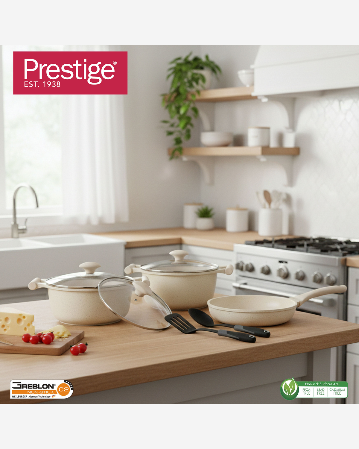 Prestige Essentials Cookware Set 7Pc Granite Off-White Non-Stick Induction Compatible