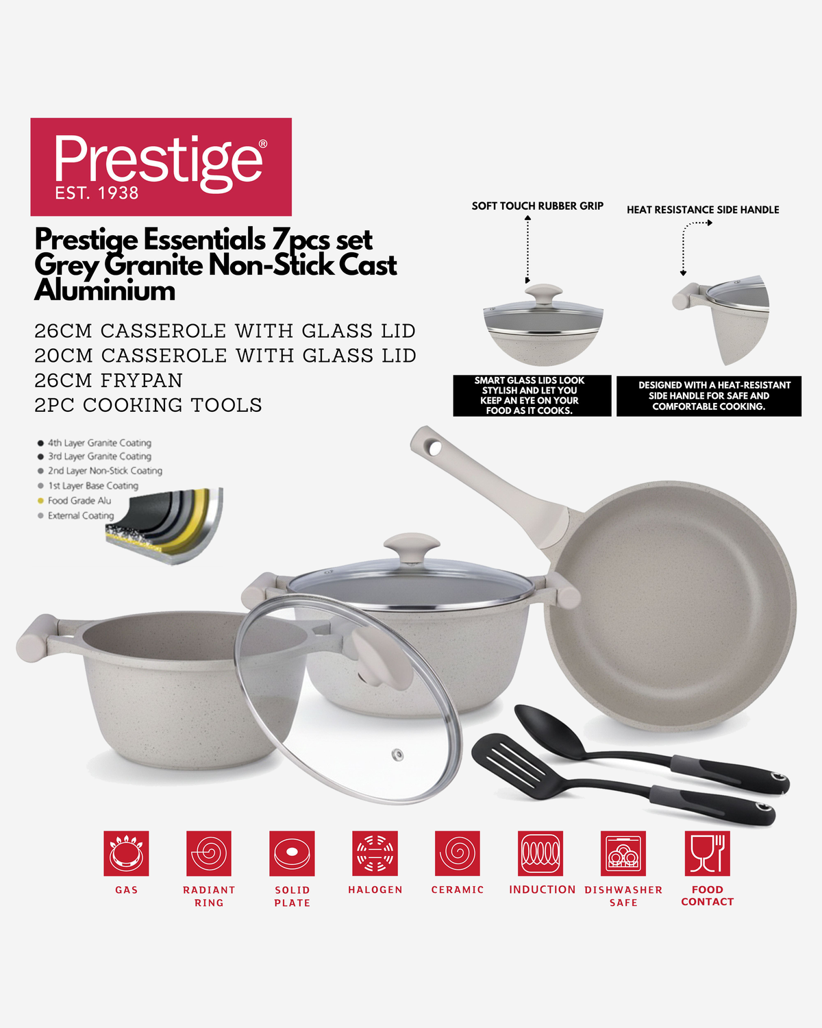 Prestige Essentials Cookware Set 7Pc Granite Grey Non-Stick Induction Compatible
