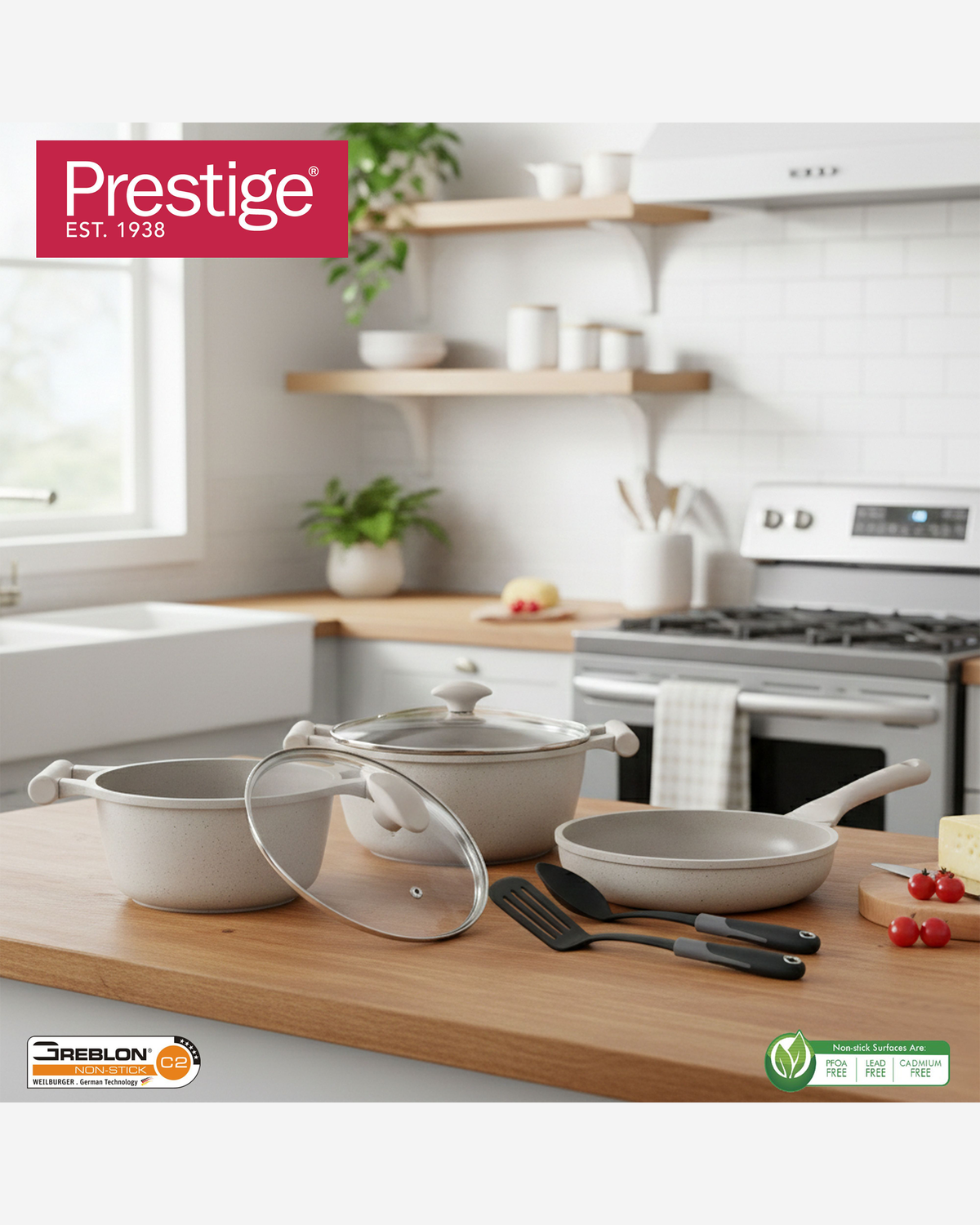 Prestige Essentials Cookware Set 7Pc Granite Grey Non-Stick Induction Compatible