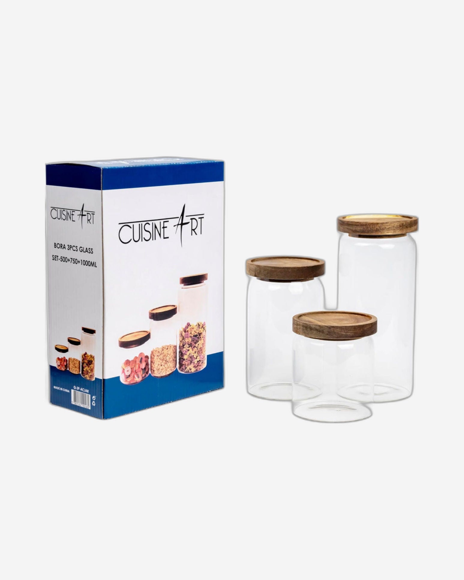 أوعية تخزين زجاجية دائرية من كويزين آرت بأغطية من خشب الأكاسيا - مجموعة من 3 أوعية زجاجية شفافة محكمة الغلق من البورسليكات، قابلة للتكديس لتخزين أطعمة المطبخ والحبوب وحبوب البن والشاي 500+750+1000 مل