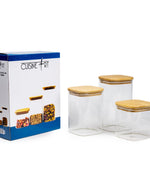 أوعية تخزين زجاجية مربعة من كويزين آرت بأغطية من خشب الخيزران - مجموعة من 3 أوعية زجاجية شفافة محكمة الغلق من البورسليكات، لتخزين أطعمة المطبخ والحبوب وحبوب البن والشاي، 650+1020+1300 مل