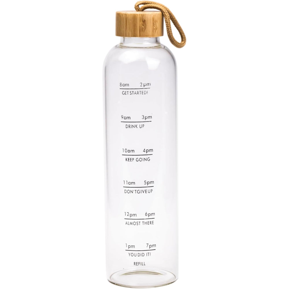 Cuisine Art Ross Motivation Borosilicate Glass Bottle 1000ml Glass Water Bottle with Time Marker, Leak Proof Bpa Free Motivational Water Bottle with Bamboo Lid For Sports, Outdoors, Office and Home