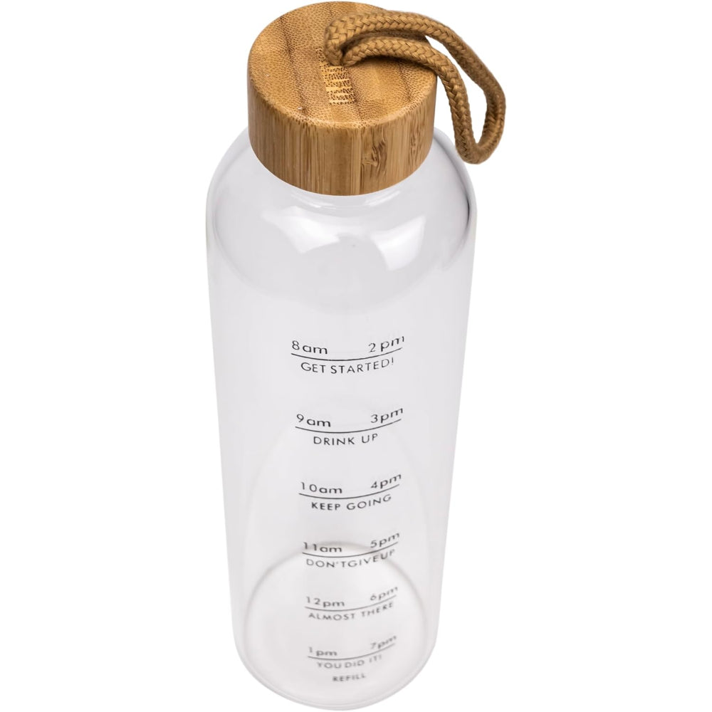 زجاجة مياه زجاجية من بوروسيليكات من كويزين آرت روس، سعة 1000 مل، مزودة بعلامة زمنية، مقاومة للتسرب وخالية من مادة BPA، مع غطاء من الخيزران، مناسبة للرياضة والأنشطة الخارجية والمكتب والمنزل