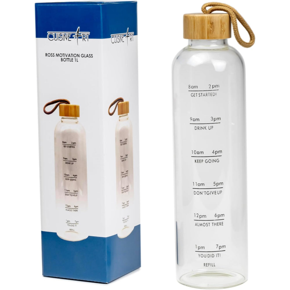 زجاجة مياه زجاجية من بوروسيليكات من كويزين آرت روس، سعة 1000 مل، مزودة بعلامة زمنية، مقاومة للتسرب وخالية من مادة BPA، مع غطاء من الخيزران، مناسبة للرياضة والأنشطة الخارجية والمكتب والمنزل