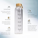 زجاجة مياه زجاجية من بوروسيليكات من كويزين آرت روس، سعة 1000 مل، مزودة بعلامة زمنية، مقاومة للتسرب وخالية من مادة BPA، مع غطاء من الخيزران، مناسبة للرياضة والأنشطة الخارجية والمكتب والمنزل