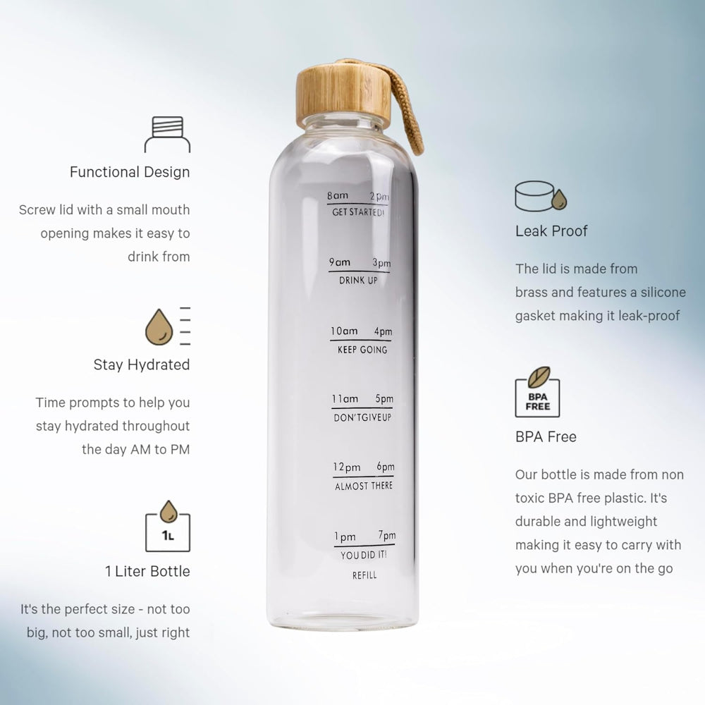 زجاجة مياه زجاجية من بوروسيليكات من كويزين آرت روس، سعة 1000 مل، مزودة بعلامة زمنية، مقاومة للتسرب وخالية من مادة BPA، مع غطاء من الخيزران، مناسبة للرياضة والأنشطة الخارجية والمكتب والمنزل