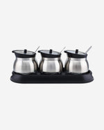 Cuisine Art Set of 3 Glass Spice Jar with Stainless Steel Shell and Spoon in Black Plastic Stand