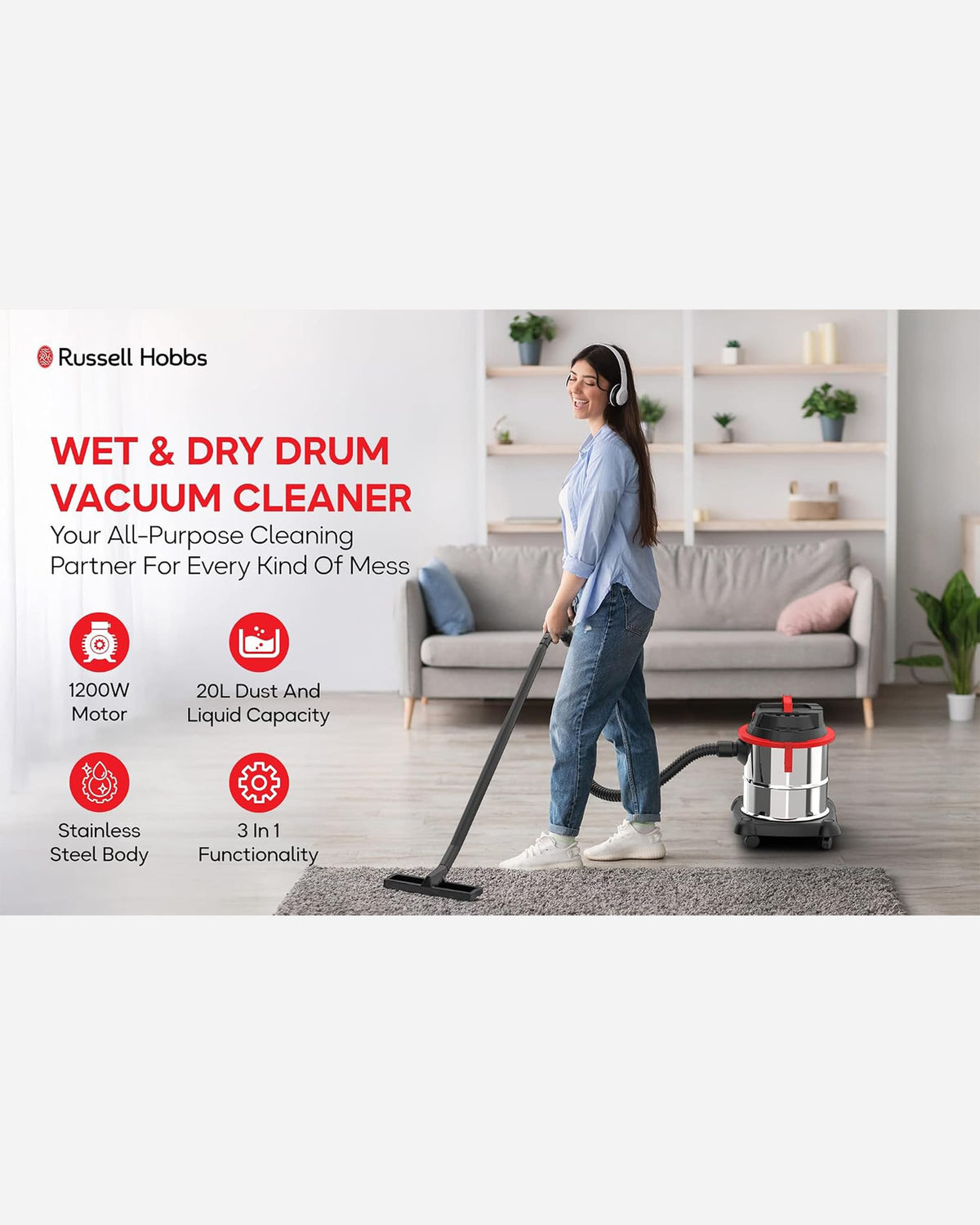 Russell Hobbs K411F Wet Dry Vacuum Cleaner 1200W, 20L