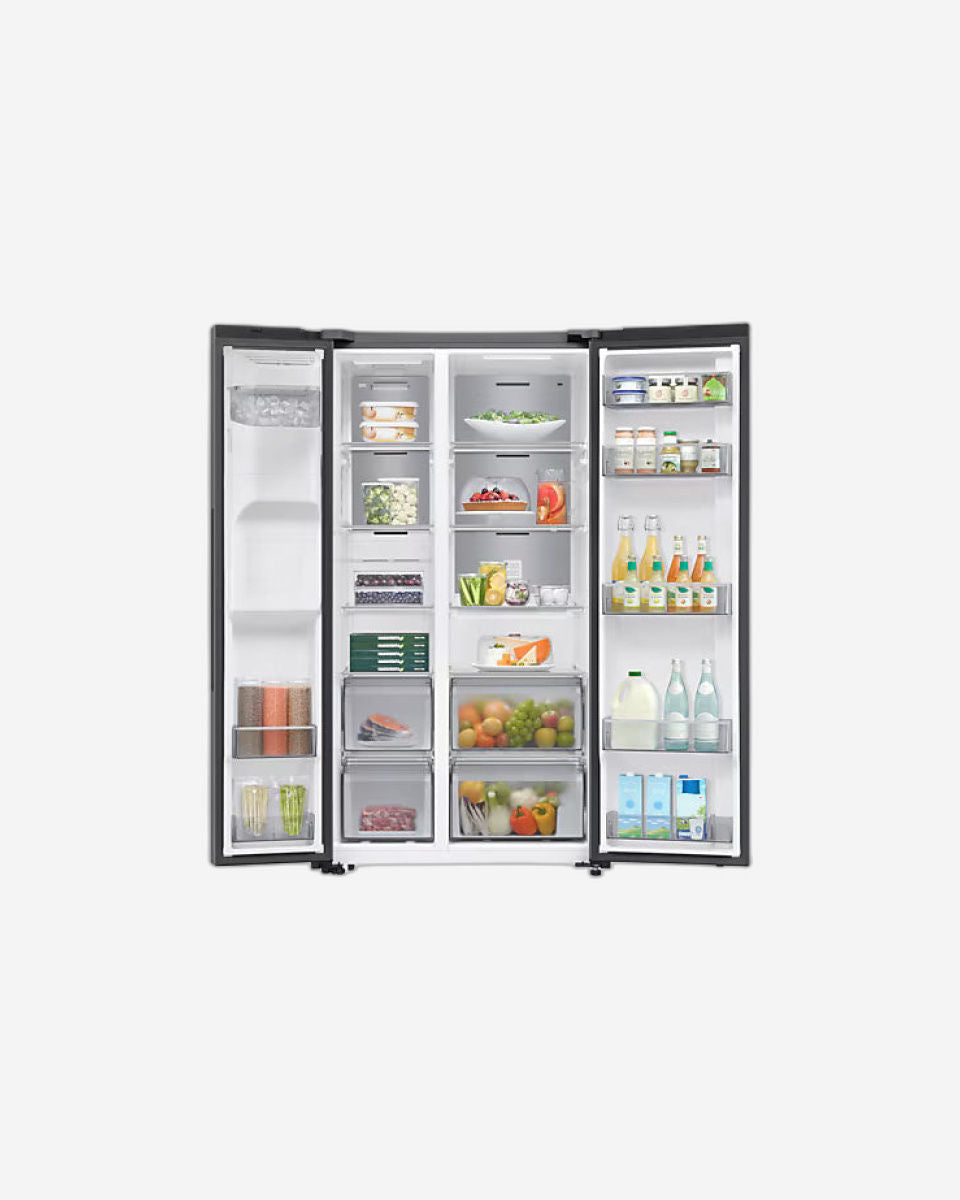 ثلاجة سامسونج بيسبوك AI سعة 635 لترًا ببابين متجاورين، لون أسود، موزع مياه، تصميم سبيس ماكس - RS70F64K1TAE (بدون جهاز تنقية مياه ميلانو)