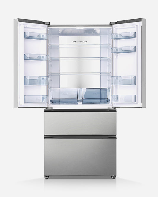 ثلاجة هوفر 670 لترًا بباب فرنسي، ضاغط عاكس، شاشة LED مع تحكم باللمس، درجان معدنيان منزلقان، ضمان 10 سنوات، لون فضي - HFD-K670-S