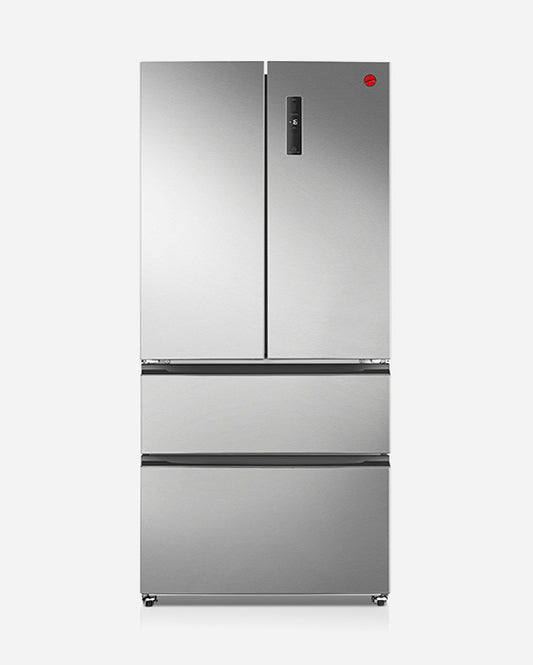 ثلاجة هوفر 670 لترًا بباب فرنسي، ضاغط عاكس، شاشة LED مع تحكم باللمس، درجان معدنيان منزلقان، ضمان 10 سنوات، لون فضي - HFD-K670-S