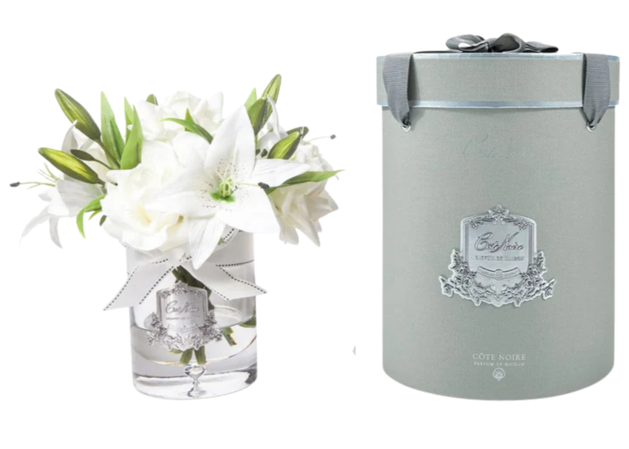 Linen Obsession "Rose & Lily Bouquet" in Glass Vase – Ivory White