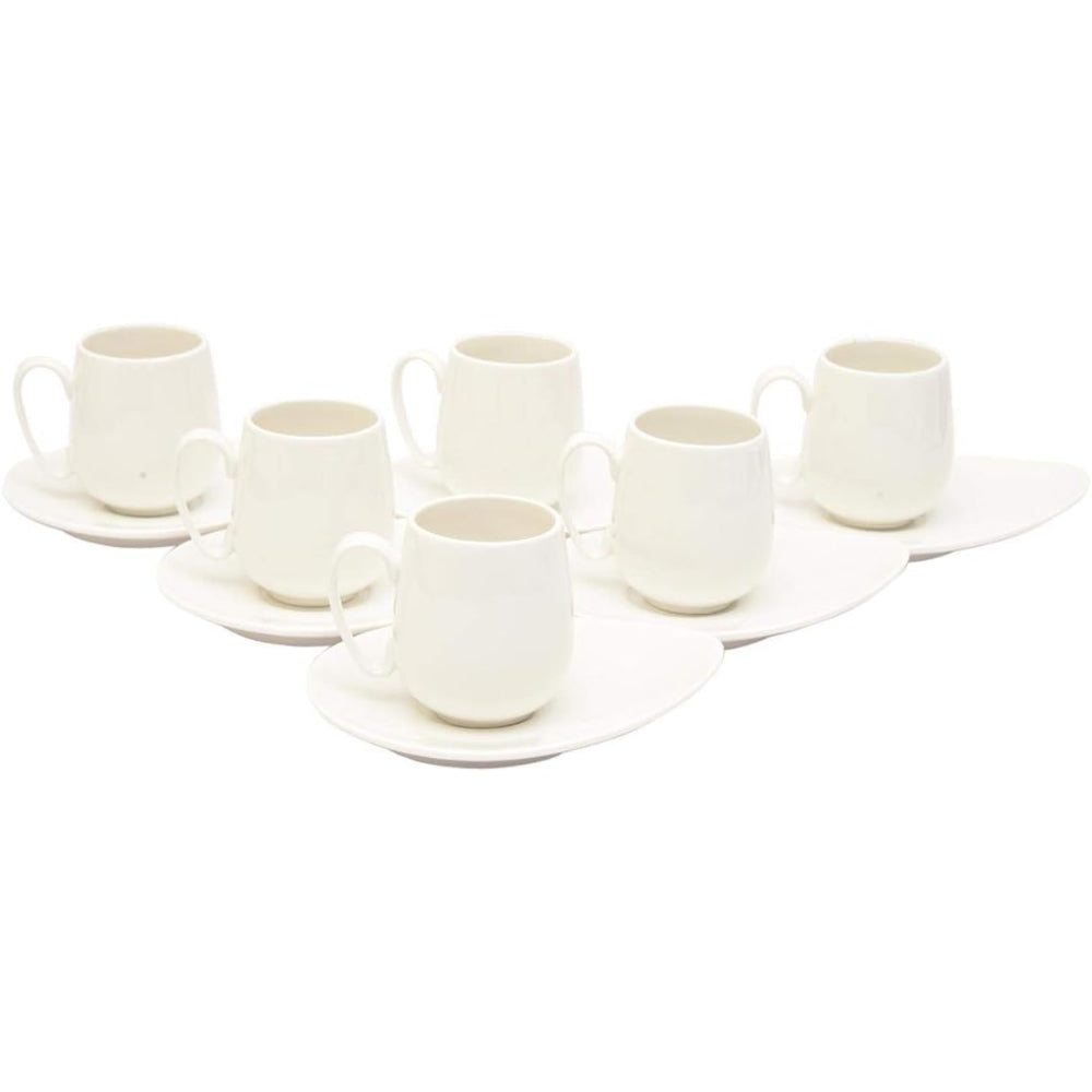 Shallow Cup and Saucer Set, 12 Pieces, 90 ml, White, Bone China – Elegant Tea Cups with Saucers for Tea Parties and Everyday Use