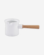 Shallow Ceramic White Coffee Warmer with Bamboo Handle - Stylish Beverage Warmer for Hot Drinks
