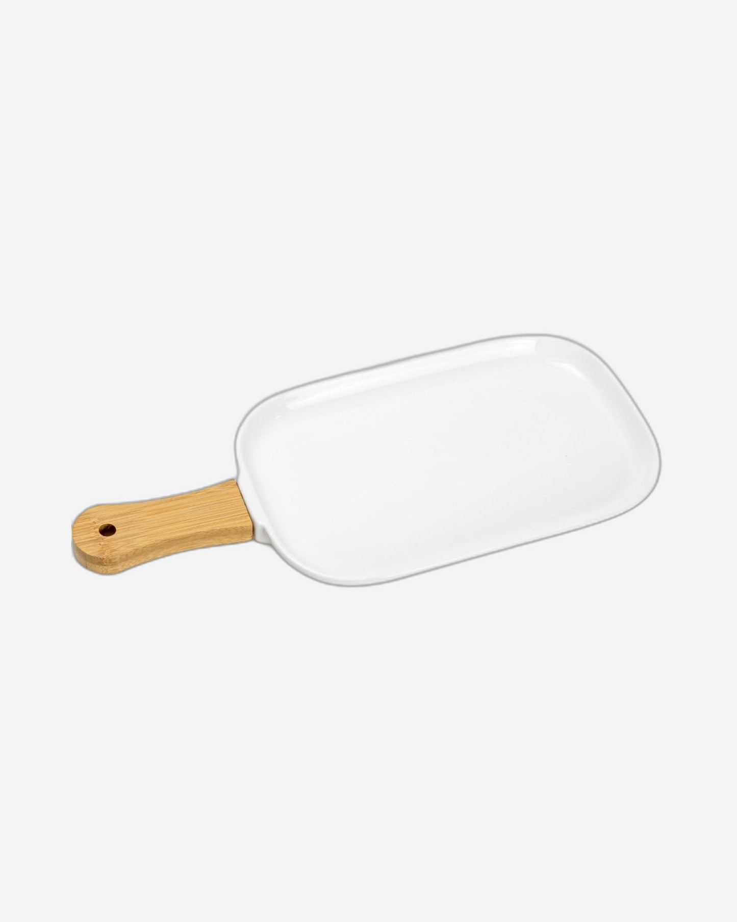 طبق سيراميك بورسلين ضحل بمقبض من الخيزران - أدوات مائدة فاخرة، 35×15×2.3 سم، أبيض - بني