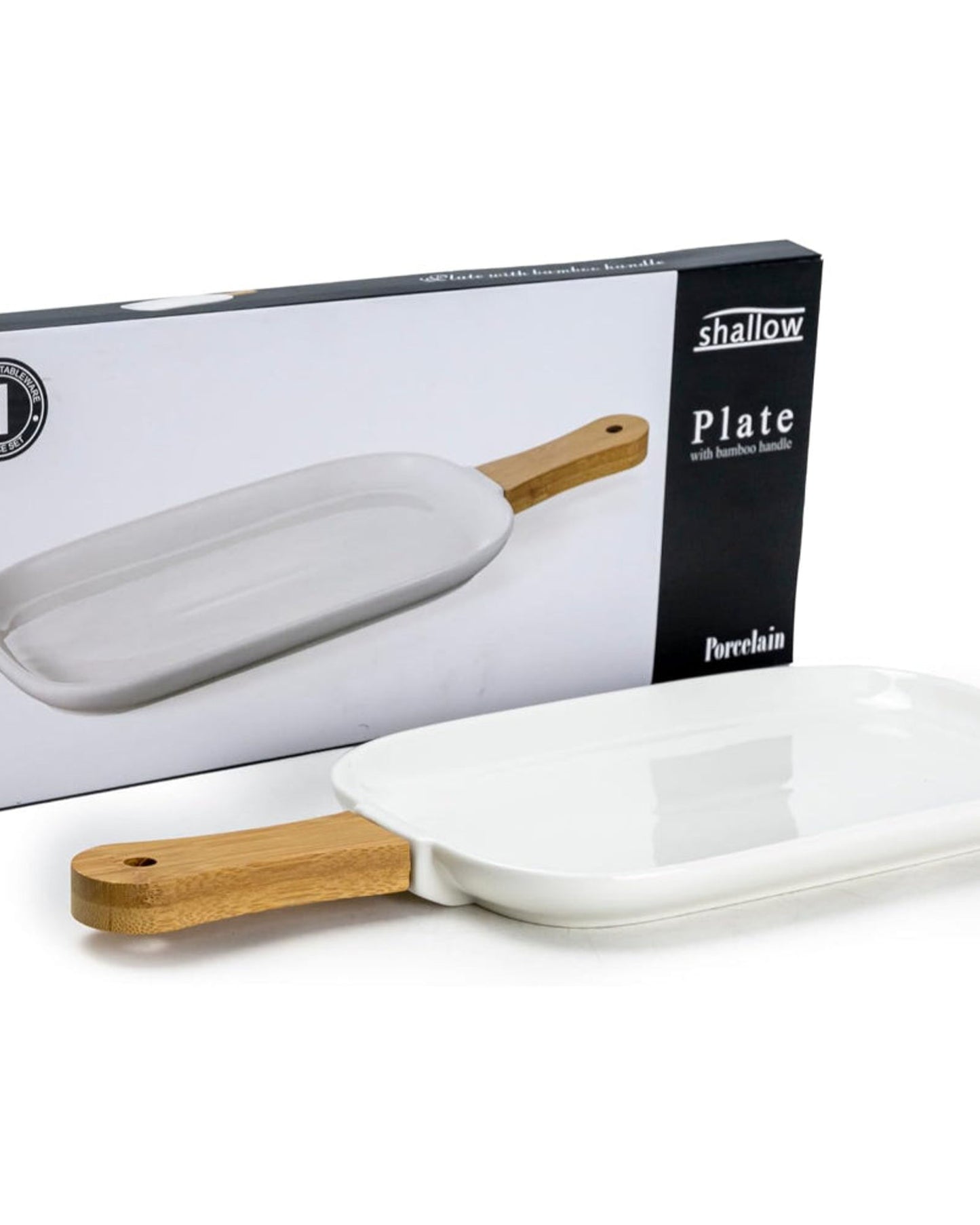 طبق سيراميك بورسلين ضحل بمقبض من الخيزران - أدوات مائدة فاخرة، 35×15×2.3 سم، أبيض - بني