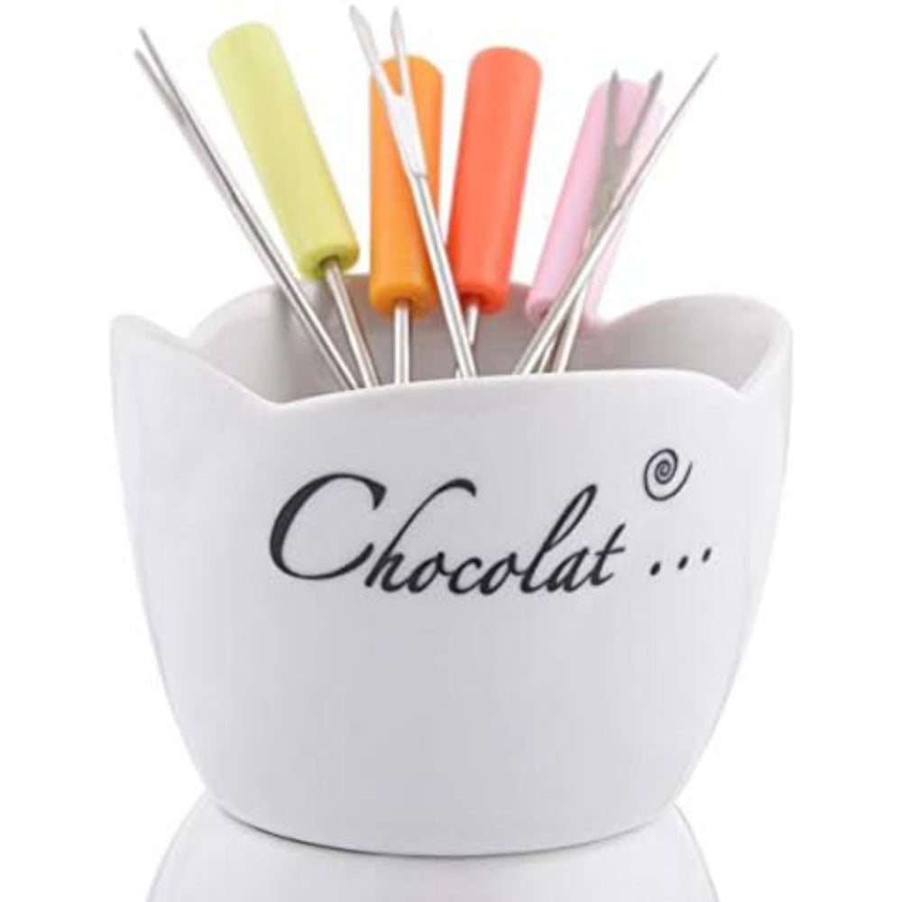 طقم فوندو بورسلين مسطح، أبيض - أدوات تقديم أنيقة للجبن والشوكولاتة وغيرها