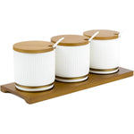  Shallow Porcelain New Verde 3-Compartment Condiment Set with Bamboo Tray - Elegant Tabletop Delight