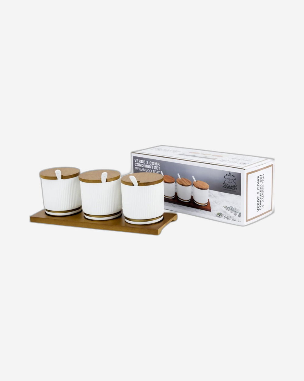 طقم توابل نيو فيردي من البورسلين الضحل بثلاث حجرات مع صينية من الخيزران - لمسة أنيقة على سطح الطاولة