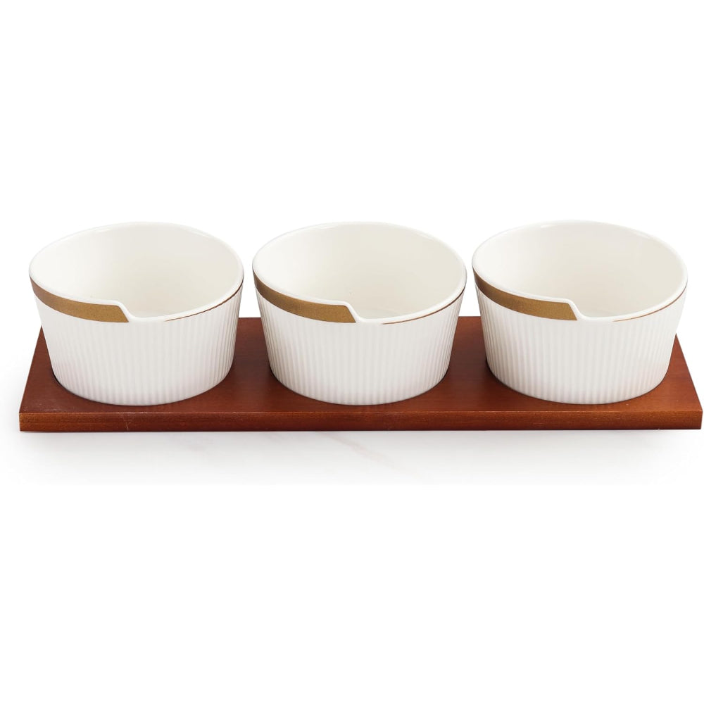 Shallow Porcelain New Verde 3-Piece Bowl Serving Set with Bamboo Tray - Elegant Culinary Presentation