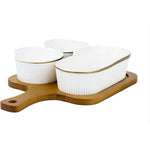 Shallow Porcelain New Verde 3-Compartment Serving Set with Bamboo Tray - Elegant Culinary Presentation