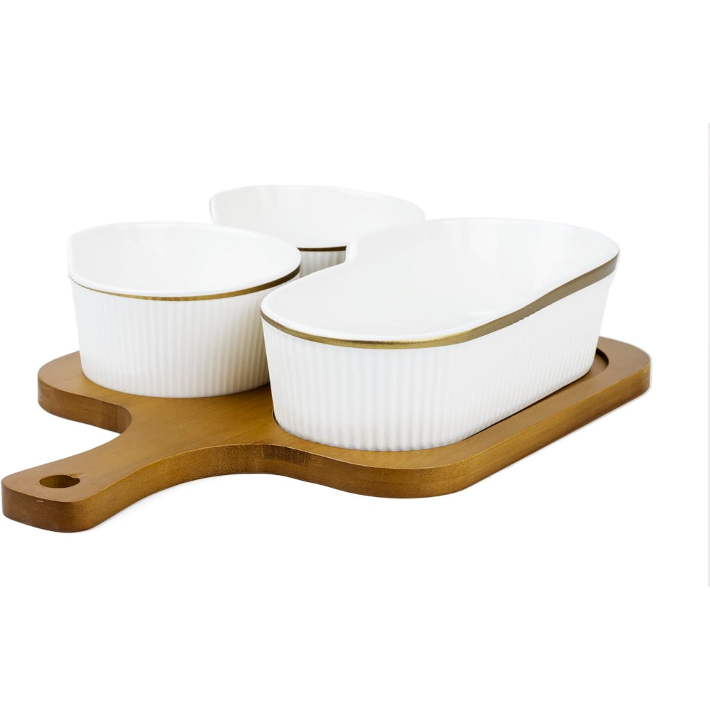 Shallow Porcelain New Verde 3-Compartment Serving Set with Bamboo Tray - Elegant Culinary Presentation