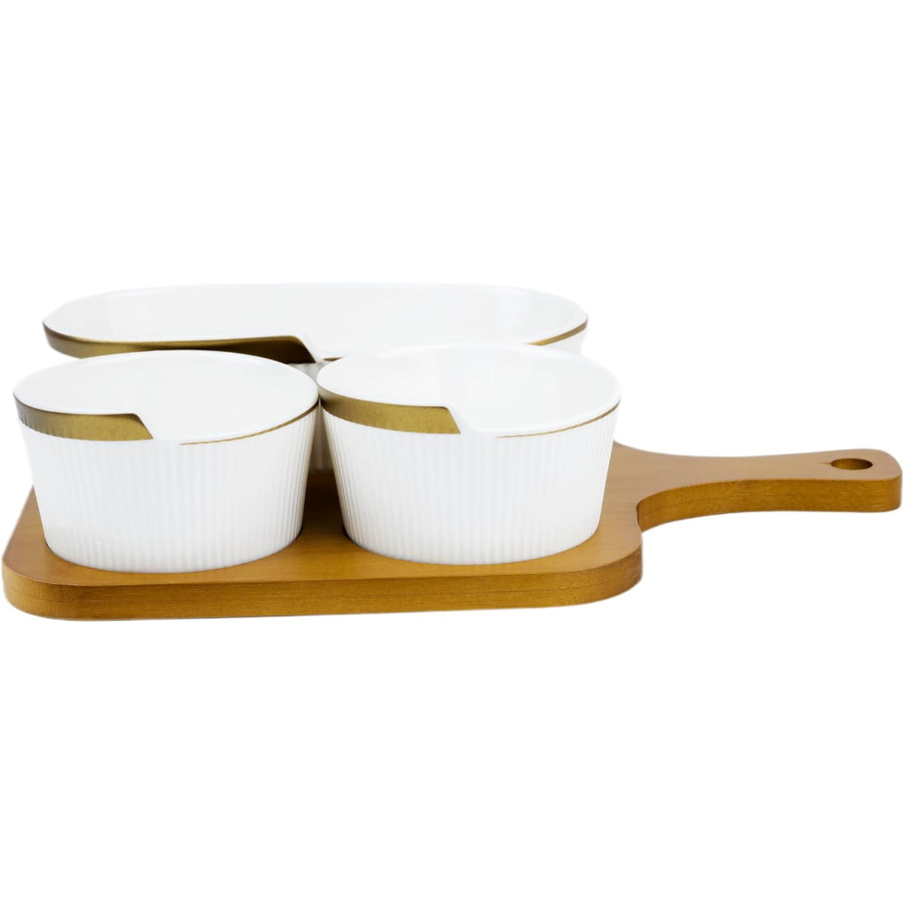 طقم تقديم من البورسلين الضحل نيو فيردي بثلاثة أقسام مع صينية من الخيزران - عرض أنيق للطهي