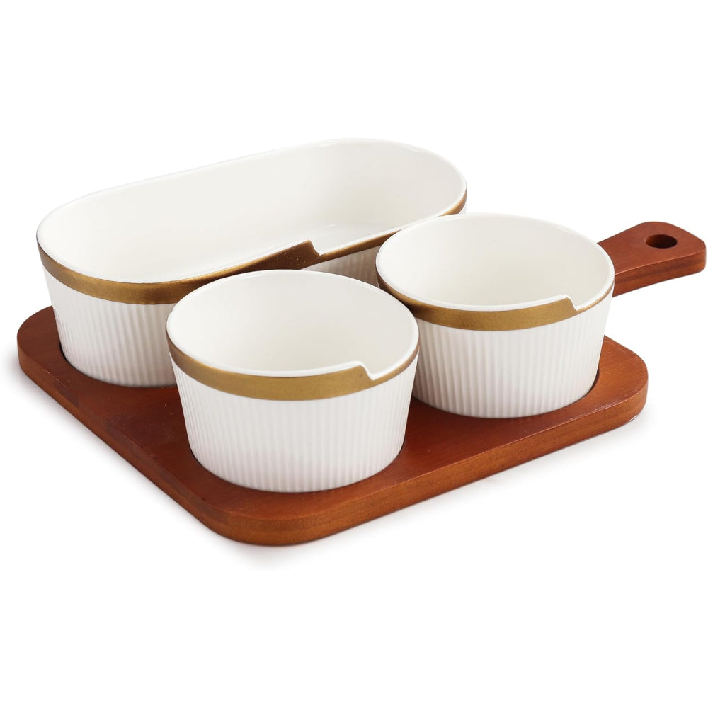 طقم تقديم من البورسلين الضحل نيو فيردي بثلاثة أقسام مع صينية من الخيزران - عرض أنيق للطهي
