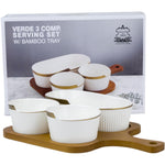 طقم تقديم من البورسلين الضحل نيو فيردي بثلاثة أقسام مع صينية من الخيزران - عرض أنيق للطهي
