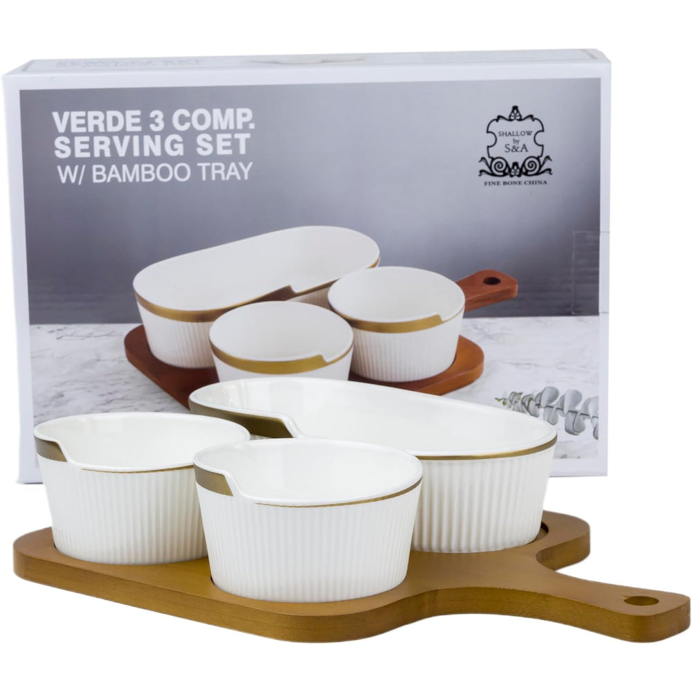 طقم تقديم من البورسلين الضحل نيو فيردي بثلاثة أقسام مع صينية من الخيزران - عرض أنيق للطهي