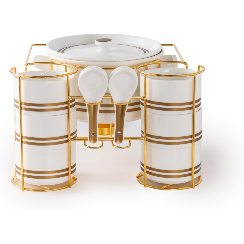 Shallow Porcelain New Verde 16-Piece Soup Set with Stand - Elegant Dining Ensemble