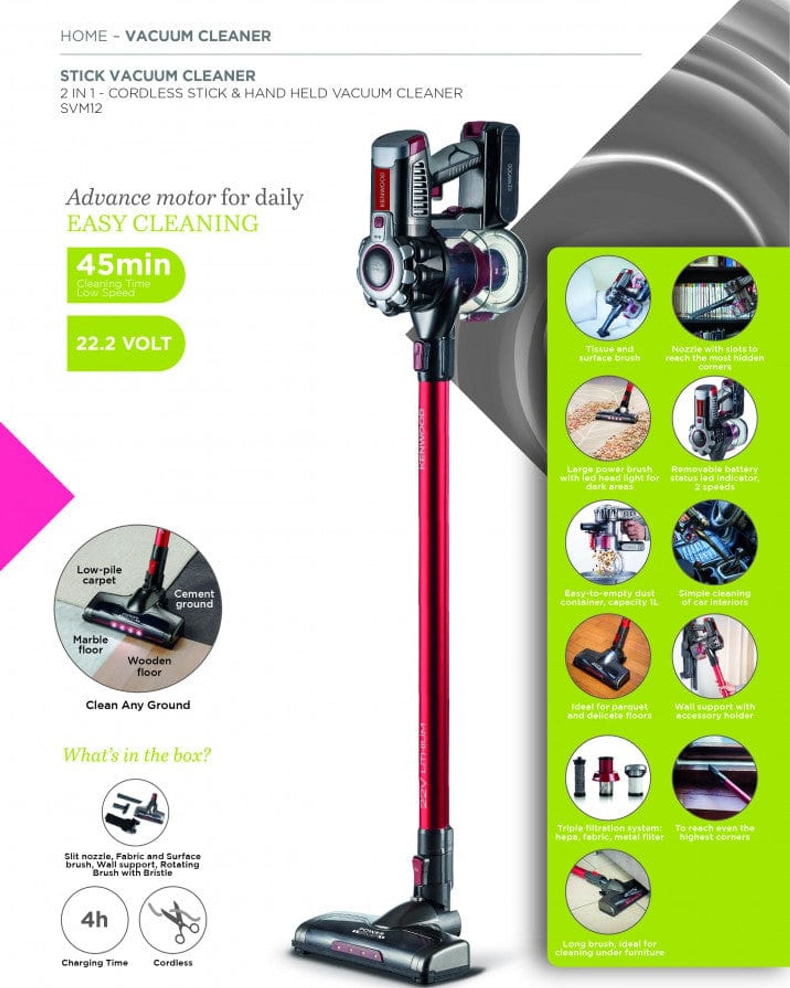 مكنسة كينوود اللاسلكية 2 في 1، عصا يدوية وعصا