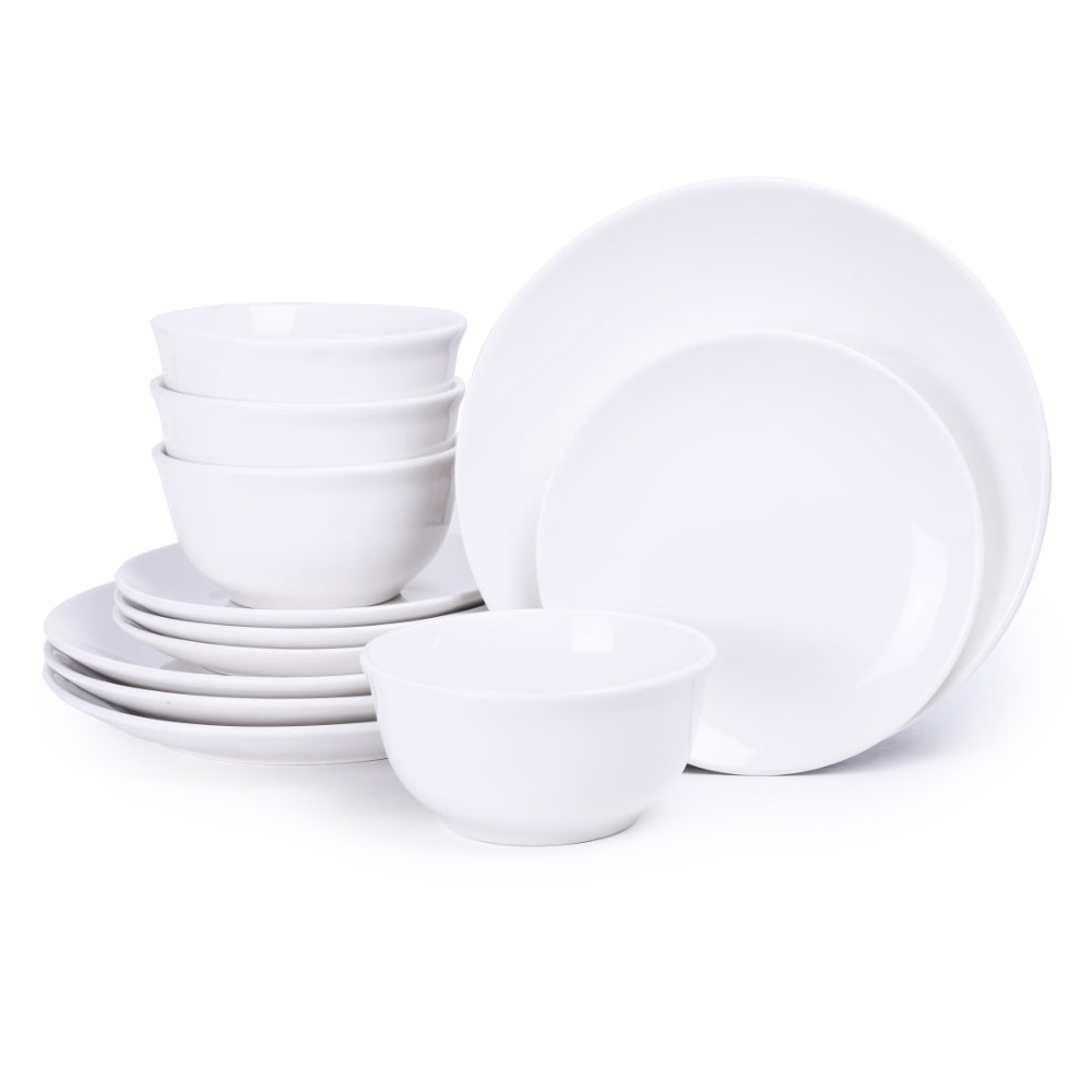 Shallow by Cuisine Art 12-Piece Porcelain Dinnerware Set – Elegant Ceramic Crockery for 4 | Includes 26.8 cm Dinner Plates, 20 cm Side Plates, and 15 cm Bowls, White