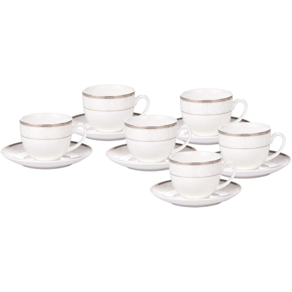 Shallow Bone China Cups and Saucers Set, White/Gold, 220ml, 12 Pieces, Elegant Porcelain Tea & Coffee Cups with Matching Saucers