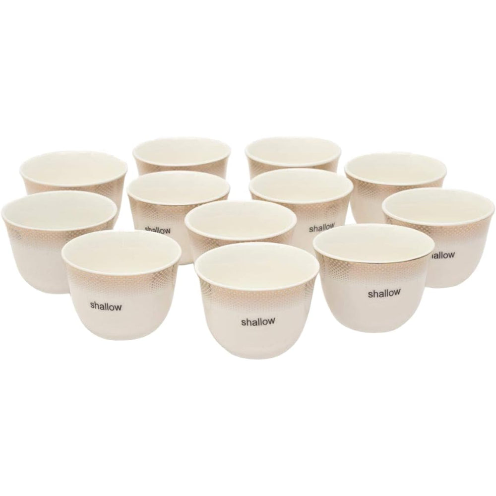 Shallow Bone China 12-Piece Cawa Set, White and Gold, Elegant Porcelain Cups & Saucers for Tea, Coffee & Hot Beverages