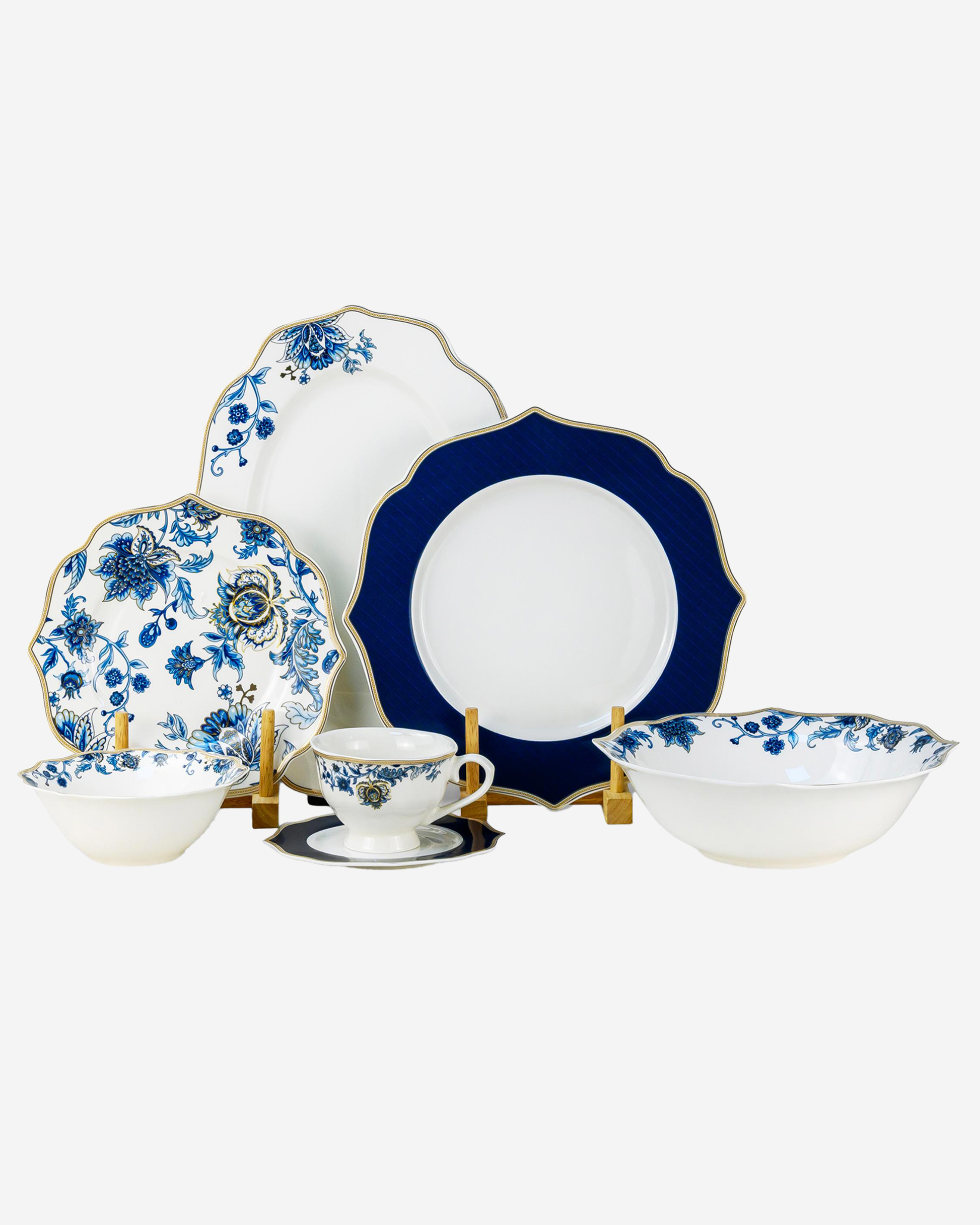 Shallow ROSY Dinner Set 32 pcs White with Blue Floral Pattern