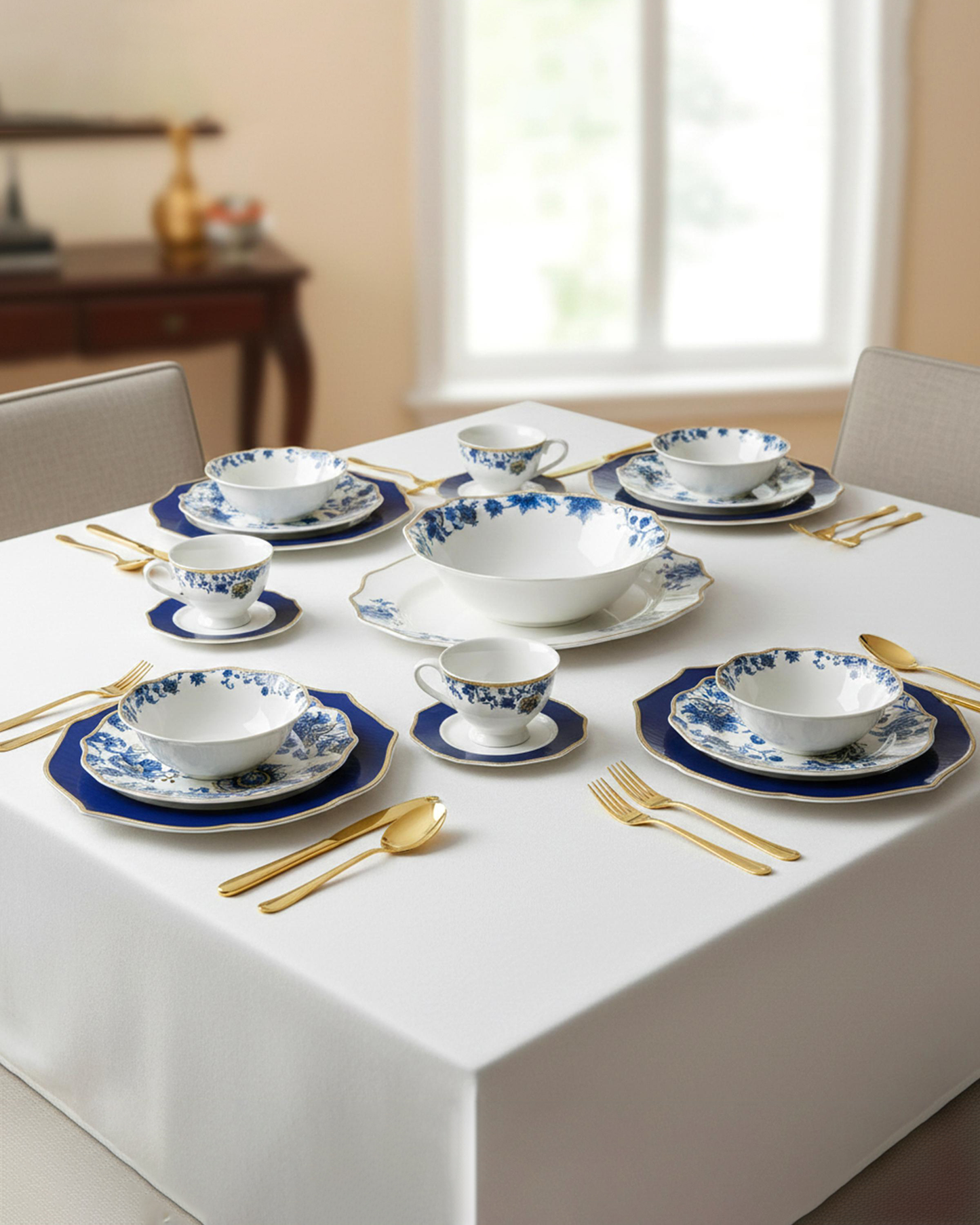 Shallow ROSY Dinner Set 32 pcs White with Blue Floral Pattern